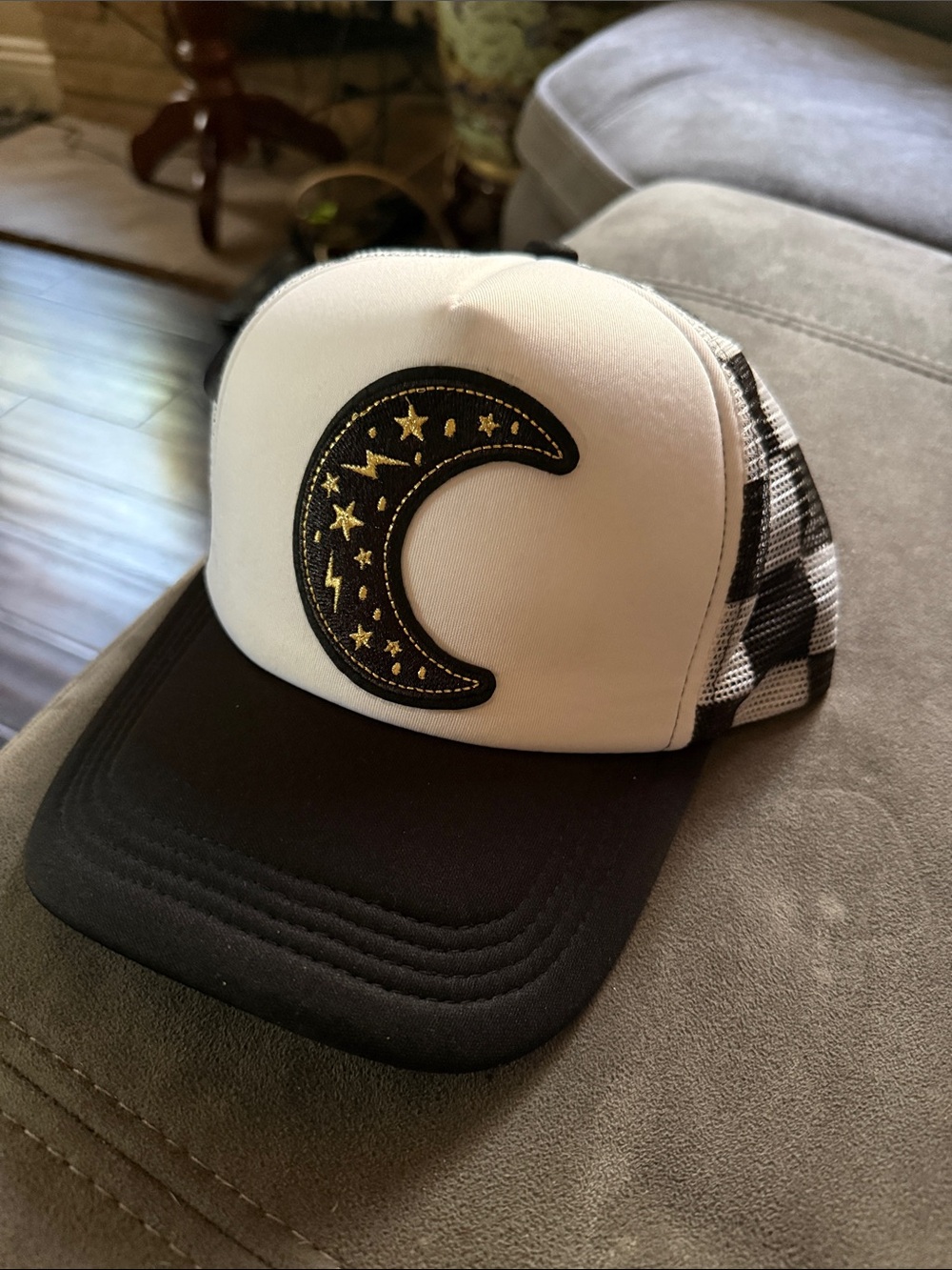 Black & White Trucker Hat with Crescent Moon Patch unisex NWT SnapBack